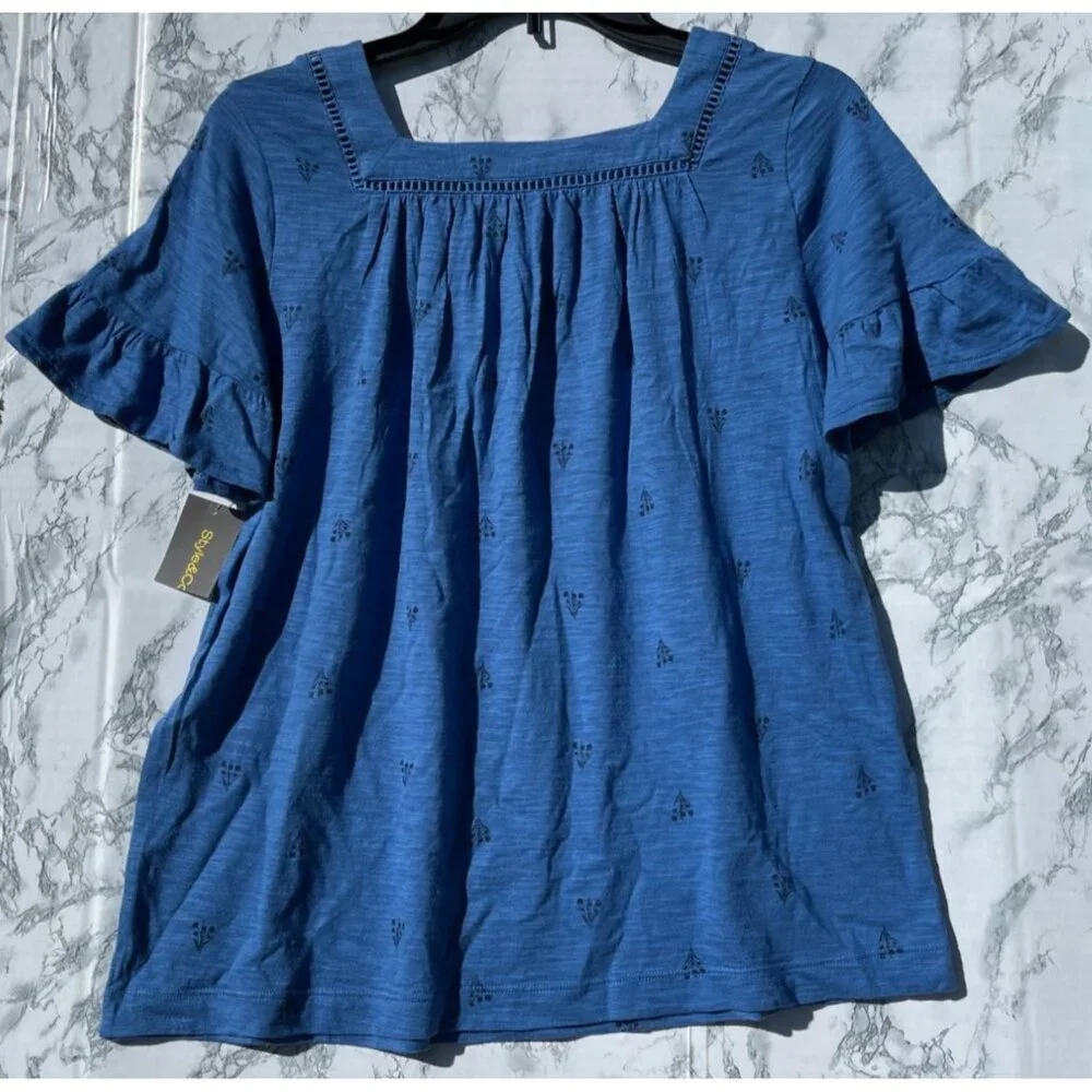 Style & Co Blue Tulip Top With Crochet Trim Short Sleeves Womens XS Cotton Modal - Picture 2 of 9